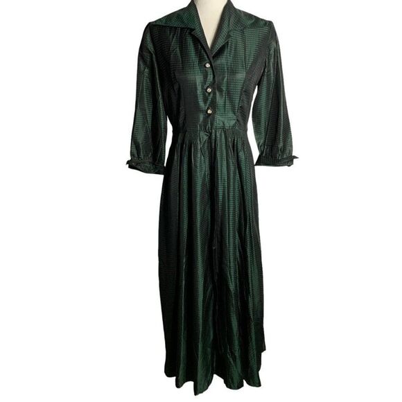 Vintage 50s Polka Dot Jacquard Shirt Dress S Green 3/4 Sleeve Rhinestone Buttons